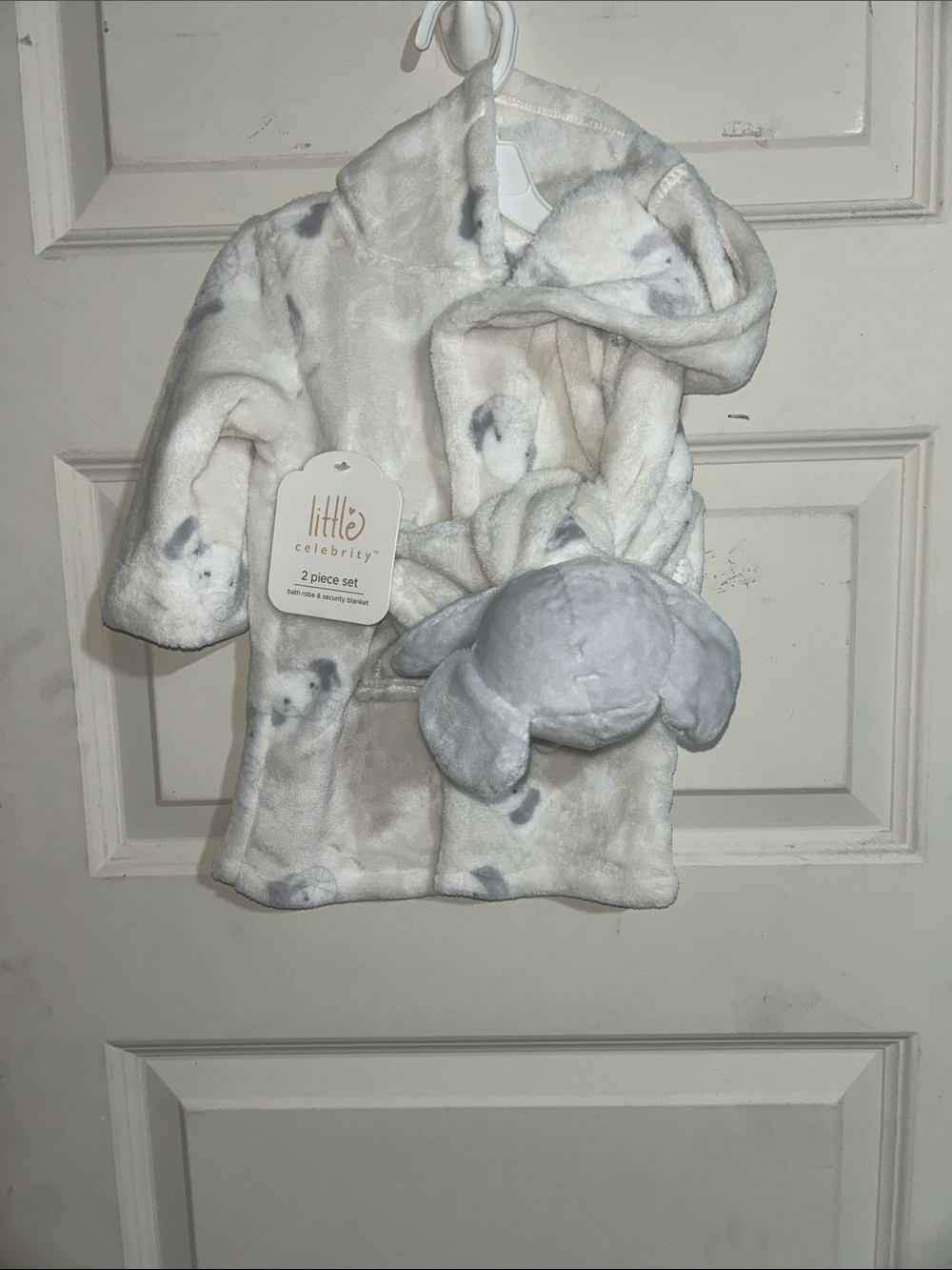 Little Me Cream and Gray Plush Hooded Kids Robe with Bear Toy